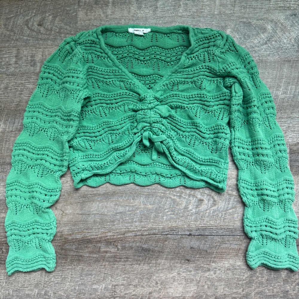 O'Neill Pointelle Knit Ruched Front Cardigan Sweater XS Slim Green Scalloped Hem